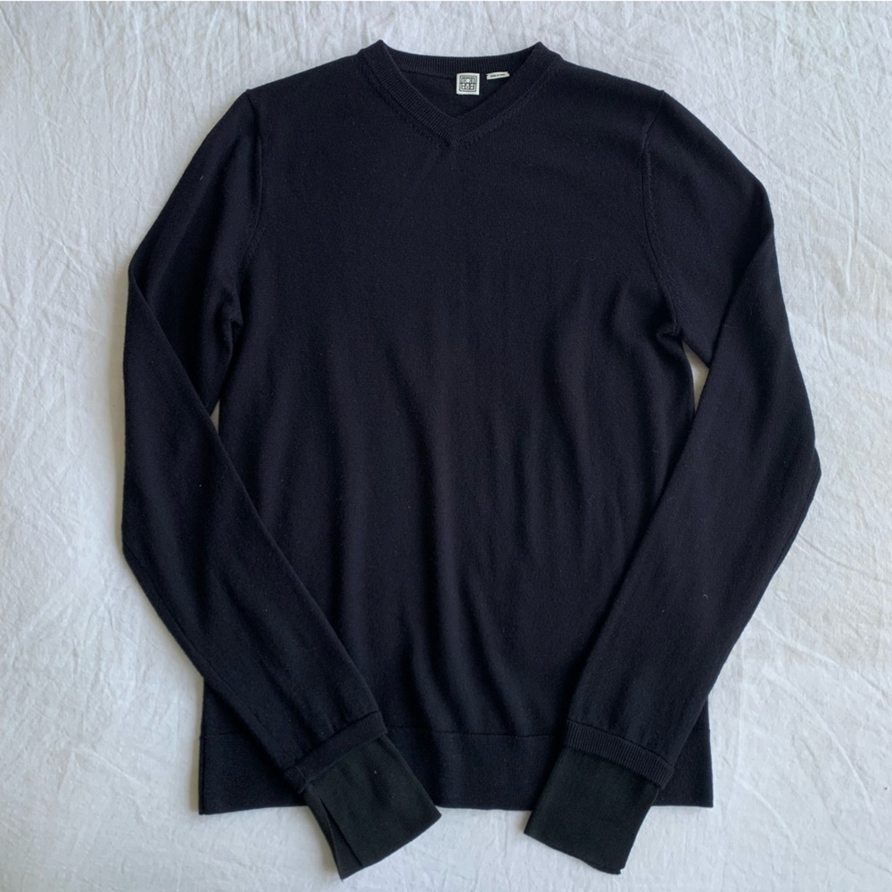 Toteme Two Tone High V Neck Knit Wool Silk Cuff Sweater Navy Blue - Picture 7 of 16